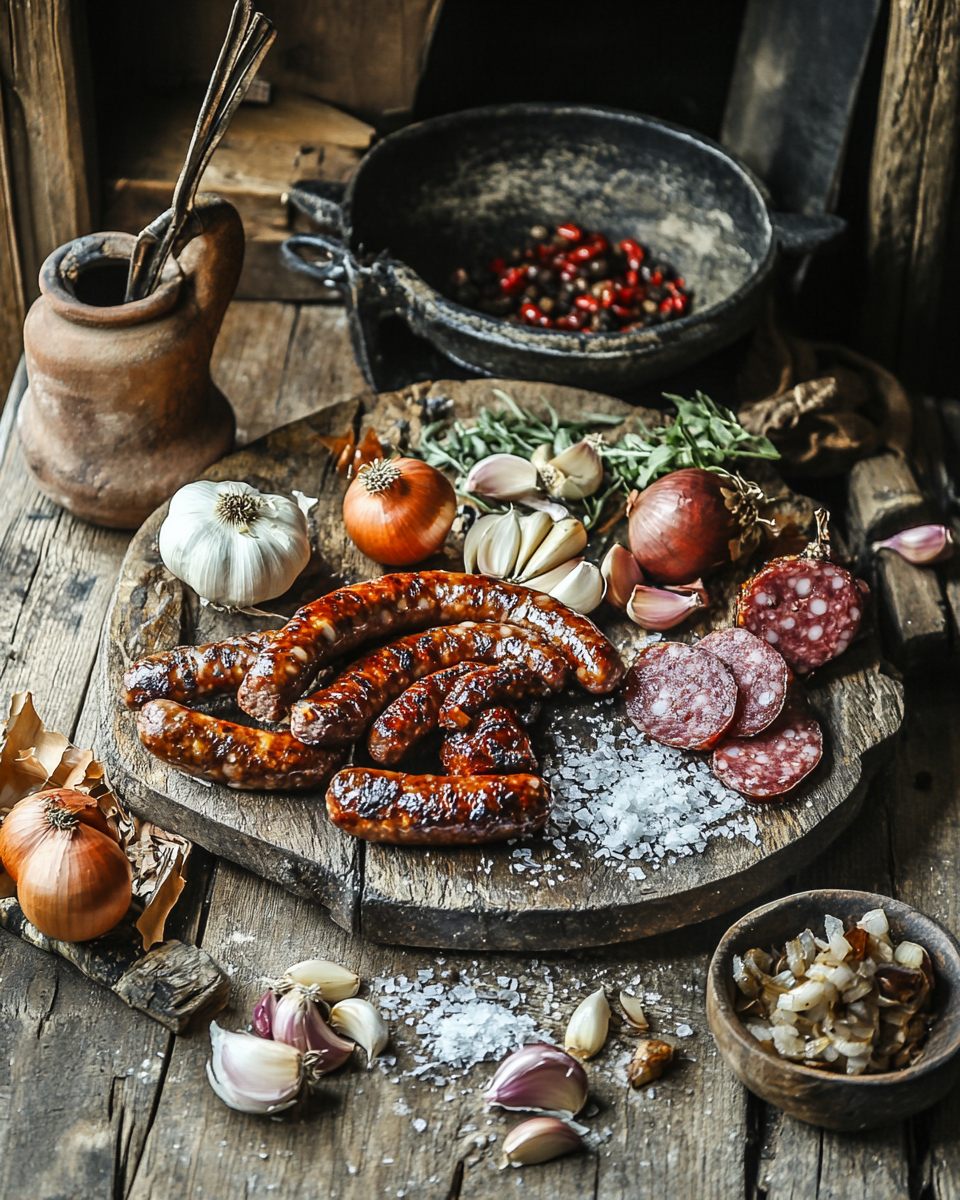 showcase traditional sausages docskantari_A_rustic_setup_featuring_traditional_Hungarian_sa_3faf02a0-5d4f-4ceb-bc6f-8f99e86e3347_1